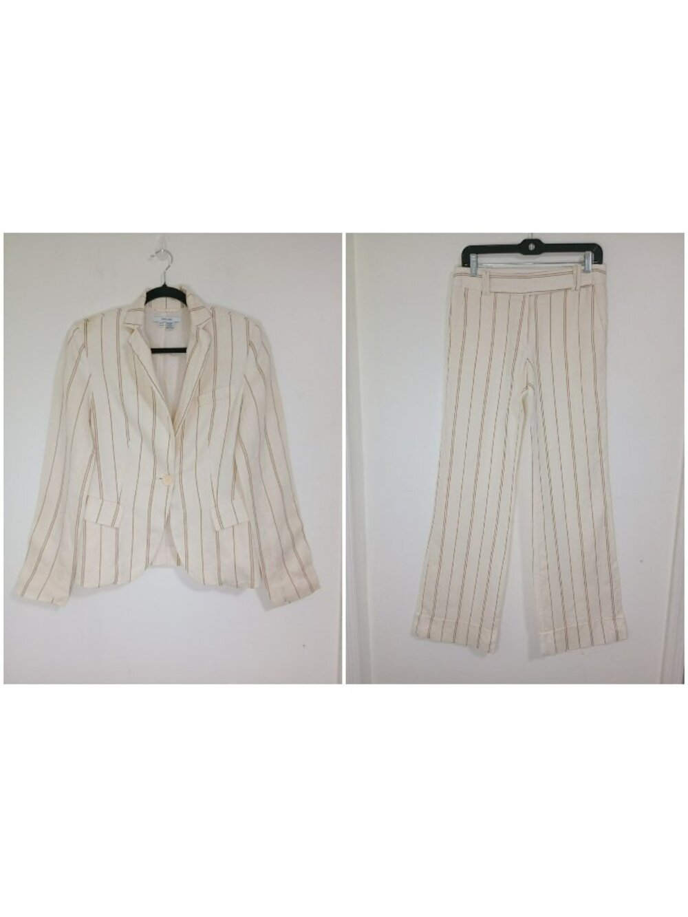 Zara Basic Beige & Brown Striped Blazer & Pants Set 8 Blaze, 4 Pants 100% Ramie